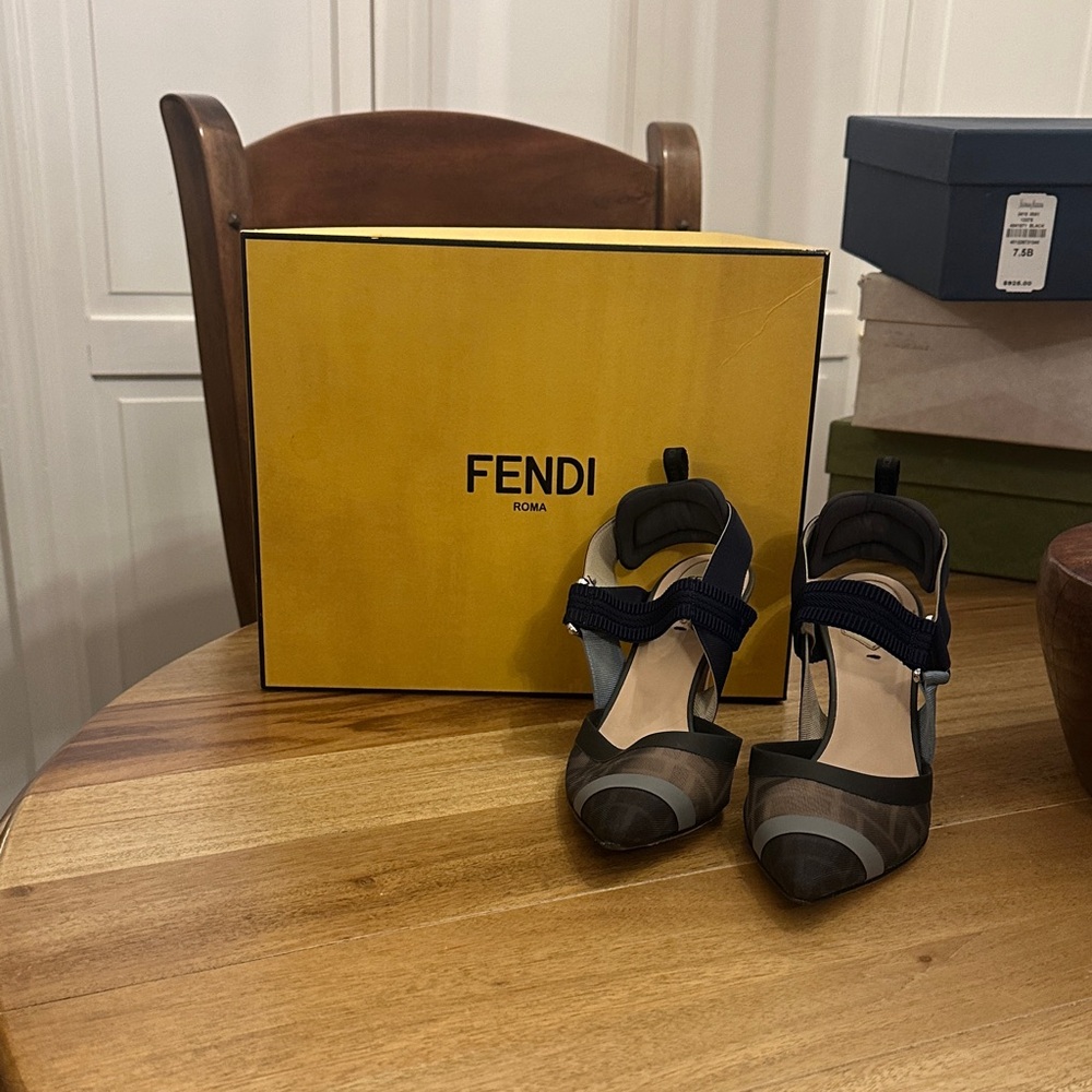 Fendi Women's Black and Brown Heels with Blue Accents